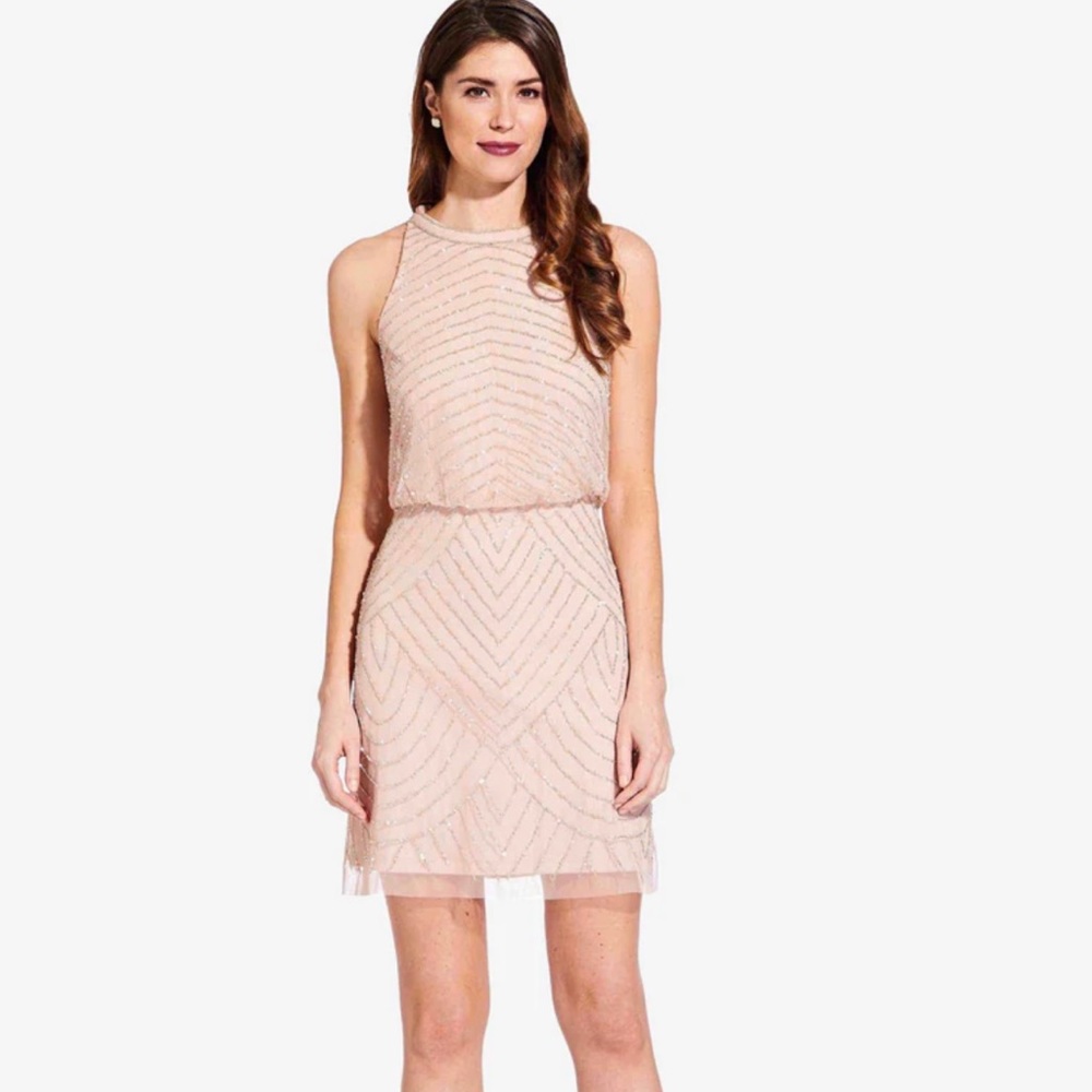 Adrianna Papell Art Deco Beaded Cocktail Dress Halter Neck in Blush Sz 16